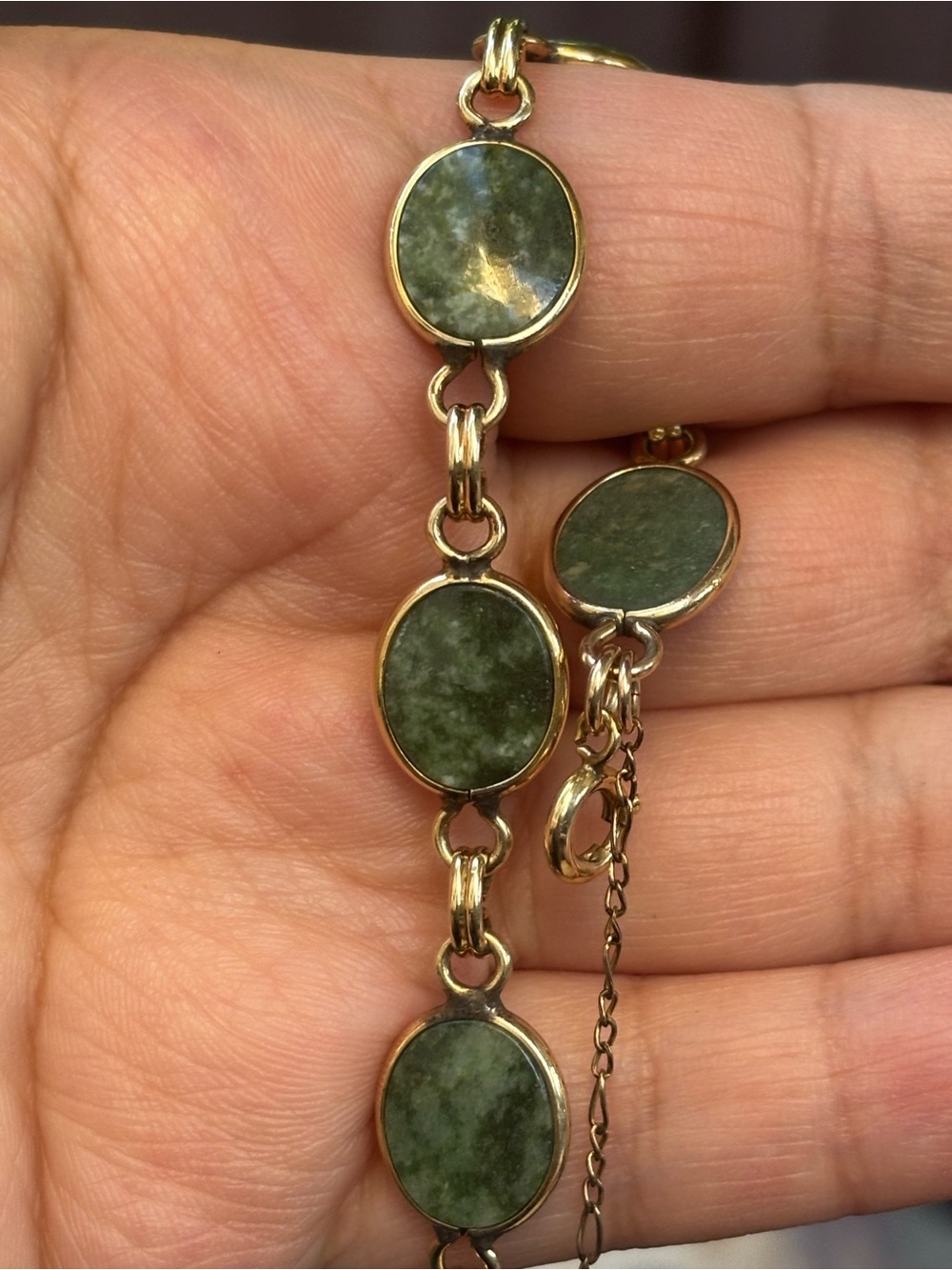 Vintage 12K Gold Filled Green Jade Oval Link Bracelet 7” Woman’s Jewelry